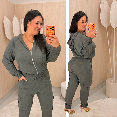 Conjunto Moletinho Cargo Zíper Cinza Plus Size