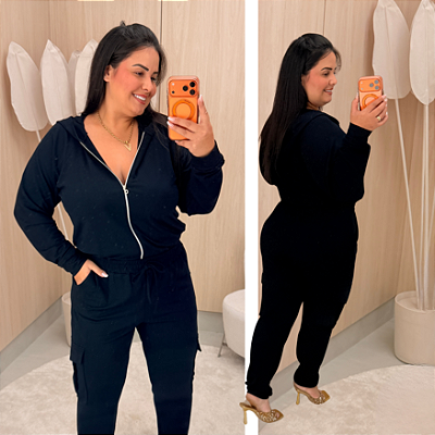 Conjunto Moletinho Cargo Zíper Preto Plus Size
