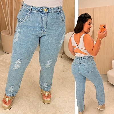 Calça jeans Awa Luara Mom Destroyed Plus Size