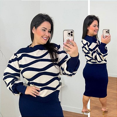Blusa Punho Modal Azul Marinho Plus Size