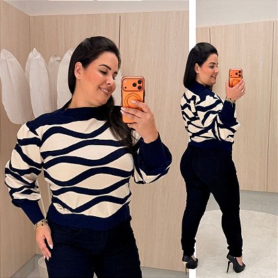 Blusa Punho Modal Azul Marinho Plus Size