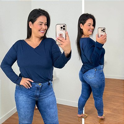 Blusa Manga Longa Básica Azul Plus Size