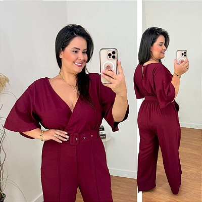 Macacão Cristina Cinto Vinho Plus Size