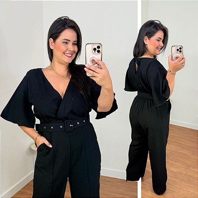 Macacão Cristina Cinto Preto Plus Size