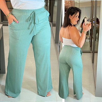 Calça Pantalona Canelada Veronica Verde Menta Plus Size