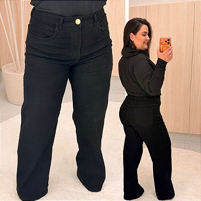 Calça Jeans Awa Duda Wide Leg Preta Plus Size