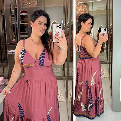 Vestido Alça Farm Maya Estampado Rose Plus Size
