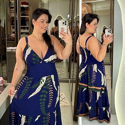 Vestido Alça Farm Maya Estampado Azul Marinho Plus Size