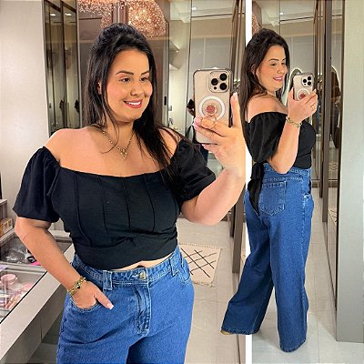 Cropped Manga Vip Preto Plus Size