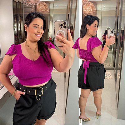 Cropped Alça Babado Fúcsia Plus Size