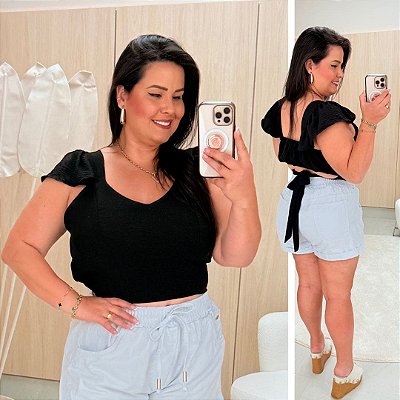 Cropped Alça Babado Preto Plus Size