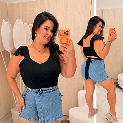 Cropped Alça Babado Preto Plus Size