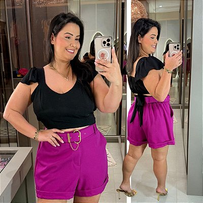 Cropped Alça Babado Preto Plus Size