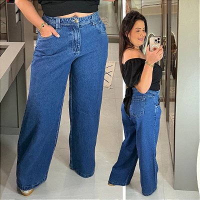 Calça Jeans FF Ingrid Wide Leg Escura Plus Size