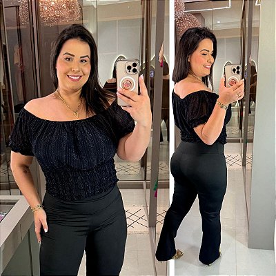 Cropped Tule Joana Preto Brilho Plus Size