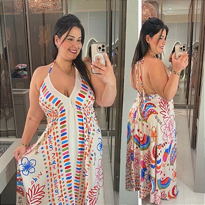 Vestido Lenço Adrieli Branco e Rosa Plus Size