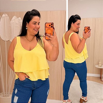 Blusa Regata Babado Lana Amarelo Plus Size