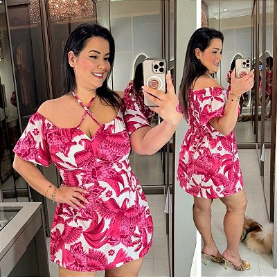 Macaquinho Andressa Pink Estampado Plus Size