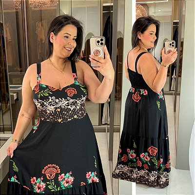 Vestido Alça Natalia Preto Estampado Plus Size
