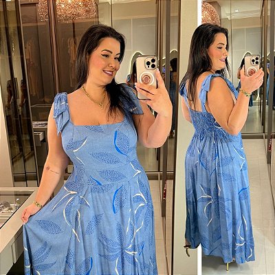 Vestido Cristiane Laço Azul Estampado Plus Size