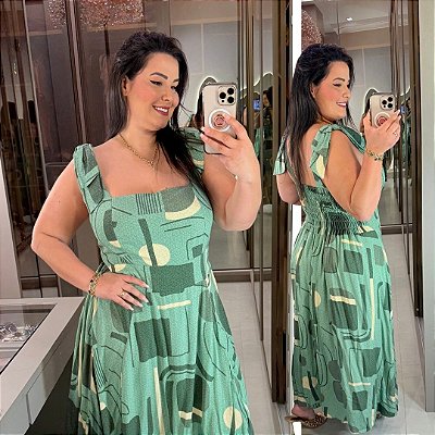 Vestido Cristiane Laço Verde Estampado Plus Size