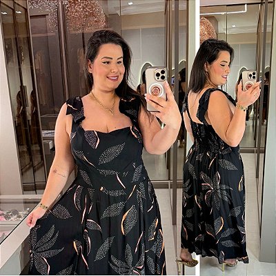 Vestido Cristiane Laço Preto Estampado Plus Size