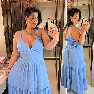 Vestido Alça Farm Liso Azul BB Plus Size