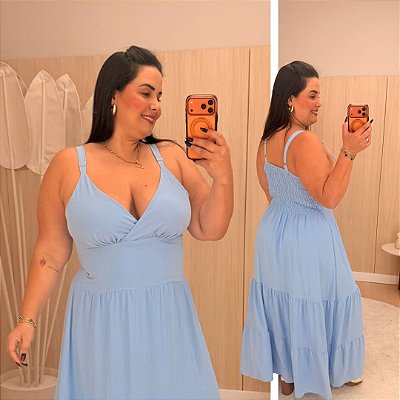 Vestido Alça Farm Liso Azul BB Plus Size