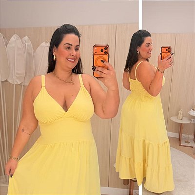 Vestido Alça Farm Liso Amarelo Plus Size