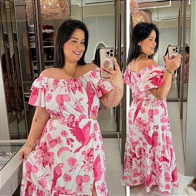 Vestido Anastasia Ciganinha Tropical Rosa Plus Size