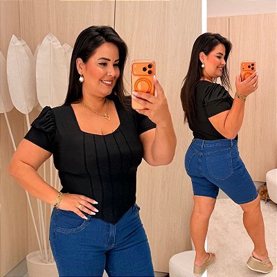 Blusa Corselet Manga Preto Plus Size