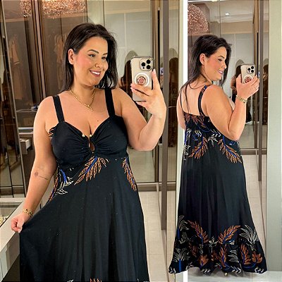 Vestido Aro Farm Preto Estampado Plus Size
