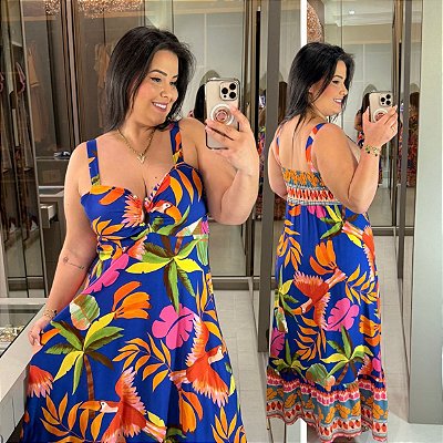 Vestido Aro Farm Azul Estampado Plus Size