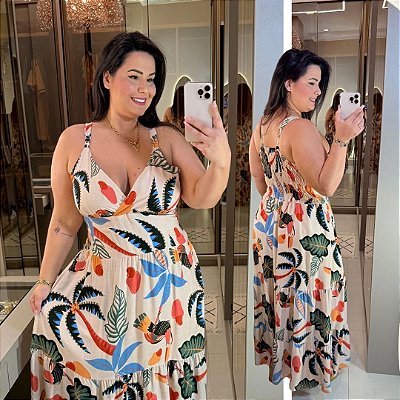 Vestido Alça Farm Clara Bege Estampado Plus Size