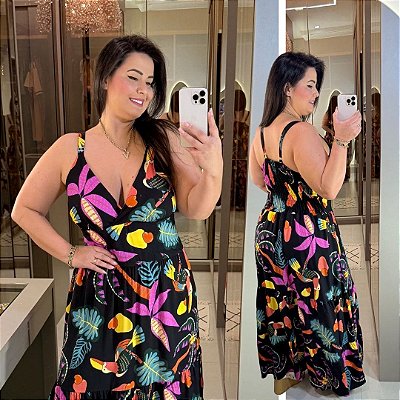 Vestido Alça Farm Clara Preto Estampado Plus Size