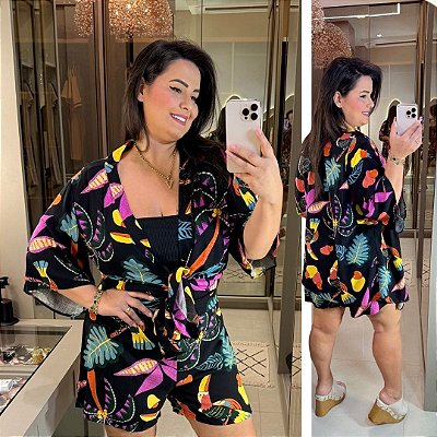 Conjunto Kimono Preto Estampado Plus Size
