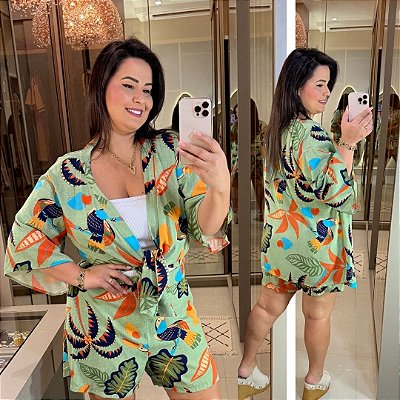 Conjunto Kimono Verde Estampado Plus Size