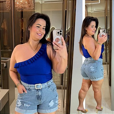 Blusa Nula Babado Suplex Azul Plus Size