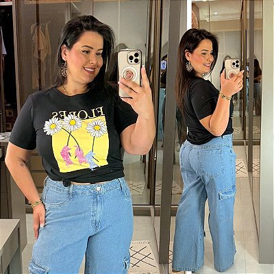 T shirt Algodão Preta Flores Plus Size