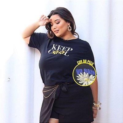 T shirt Algodão Preta Flor Branca Plus Size