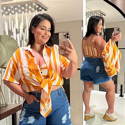 Conjunto Kimono Listra Laranja Plus Size