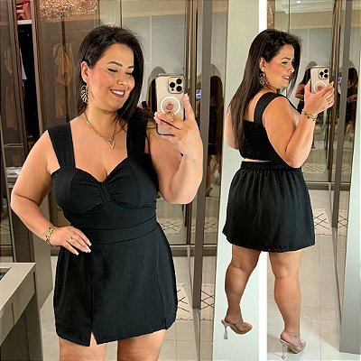 Conjunto Vip Alça Liso Preto Plus Size