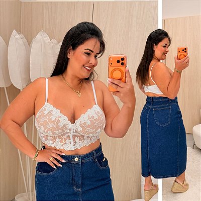 Cropped Bordado Renda Branco Plus Size