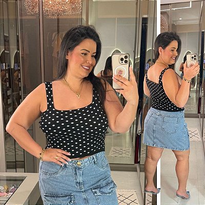 Top Alça Modal Poá Preto Plus Size