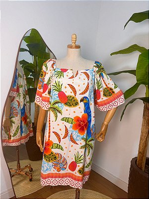 Vestido Giovana Branco e laranja Plus Size
