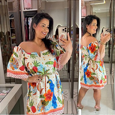 Vestido Giovana Branco e laranja Plus Size