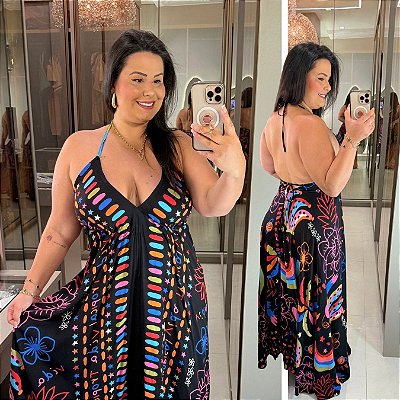 Vestido Lenço Adrieli Tropical Preto Plus Size