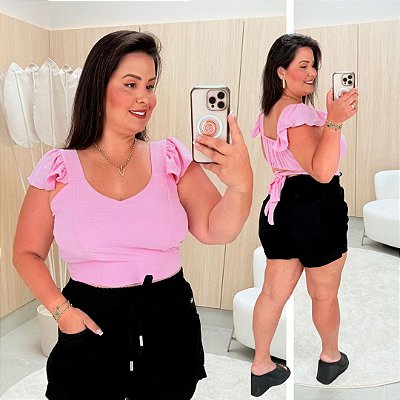 Cropped Alça Babado Rosa BB Plus Size