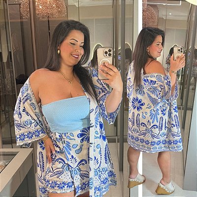 Conjunto Kimono Cibele Estampado Azul Plus Size