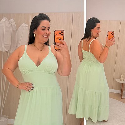 Vestido Alça Farm Liso Verde Água Plus Size